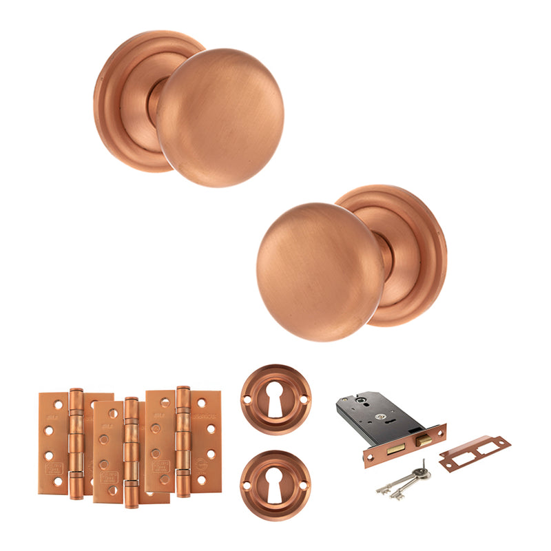Old English Harrogate Door Knob Pack (Lock Set - Horizontal Sashlock, 4" Fire Rated Hinges x3) - Urban Satin Copper