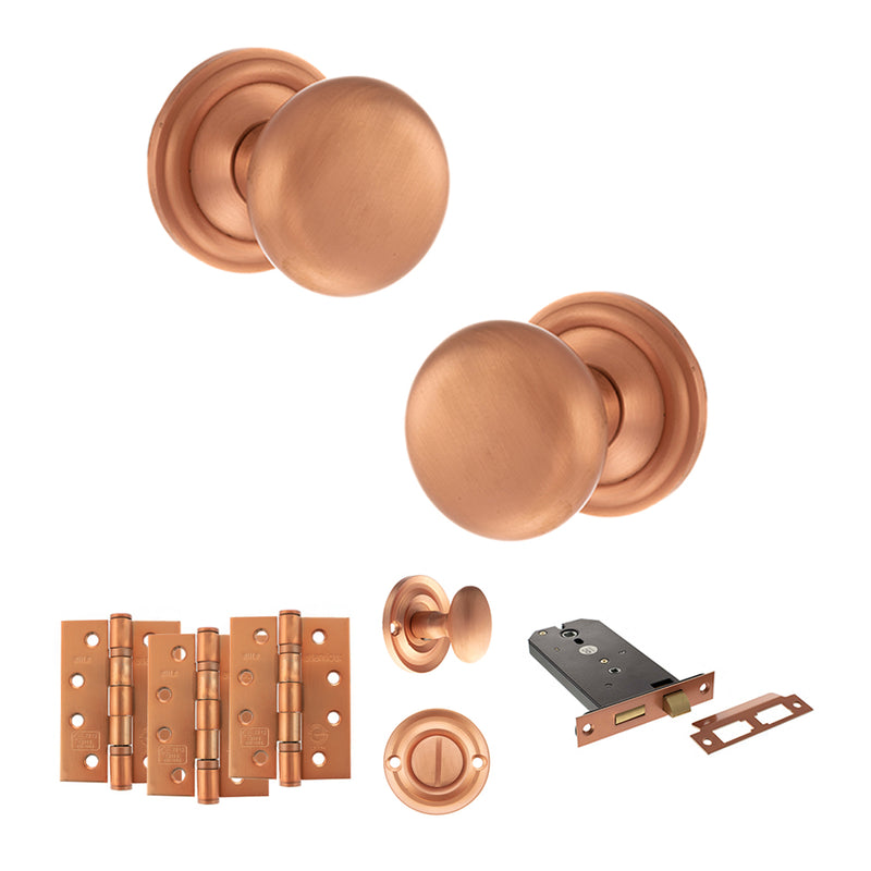 Old English Harrogate Door Knob Pack (Lock Set - Horizontal Bathlock, 4" Fire Rated Hinges x3) - Urban Satin Copper