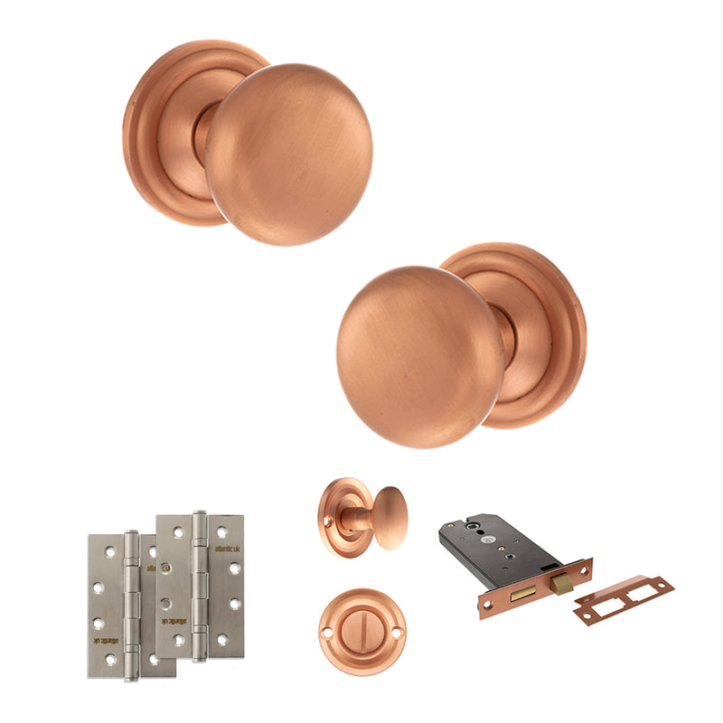 Old English Harrogate Door Knob Pack (Lock Set - Horizontal Bathlock, 4" Slim Knuckle Hinges x2) - Urban Satin Copper