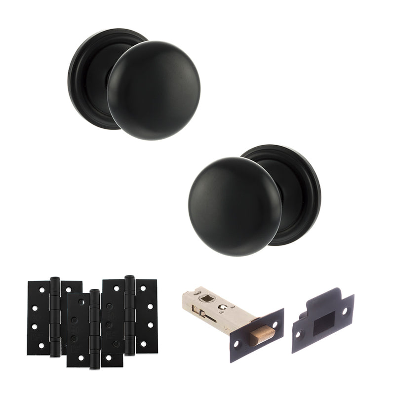 Old English Harrogate Door Knob Pack (Latch Set - 4" HD Latch, 4" Fire Rated Hinges x3) - Matt Black