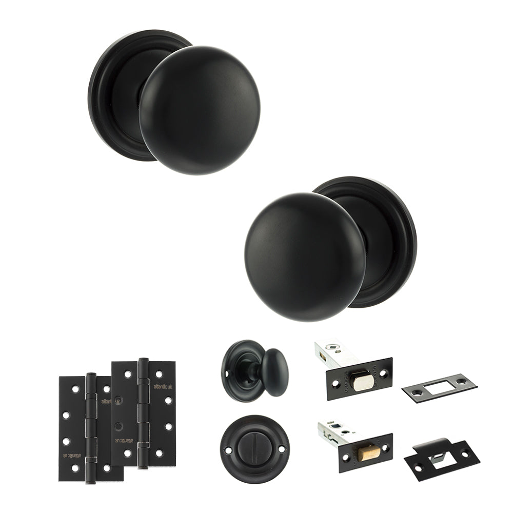 Old English Harrogate Door Knob Pack (Bathroom Set - 4" Deadbolt, 4" Slim Knuckle Hinges x2) - Matt Black