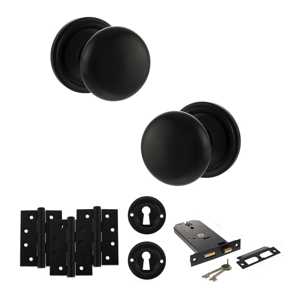Old English Harrogate Door Knob Pack (Lock Set - Horizontal Sashlock, 4" Fire Rated Hinges x3) - Matt Black