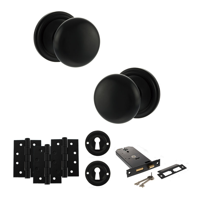 Old English Harrogate Door Knob Pack (Lock Set - Horizontal Sashlock, 4" Fire Rated Hinges x3) - Matt Black