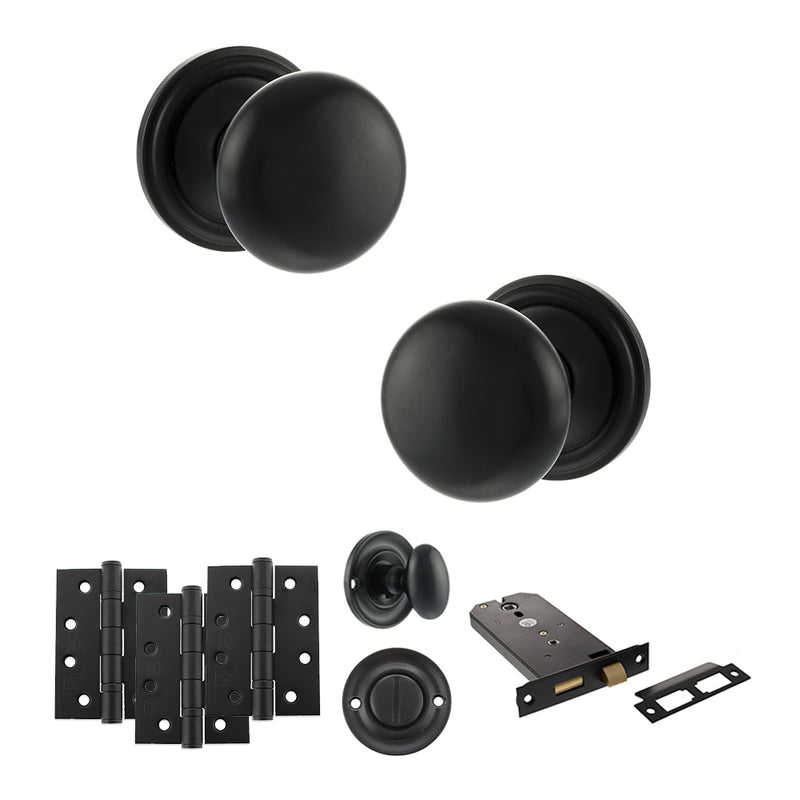 Old English Harrogate Door Knob Pack (Lock Set - Horizontal Bathlock, 4" Fire Rated Hinges x3) - Matt Black