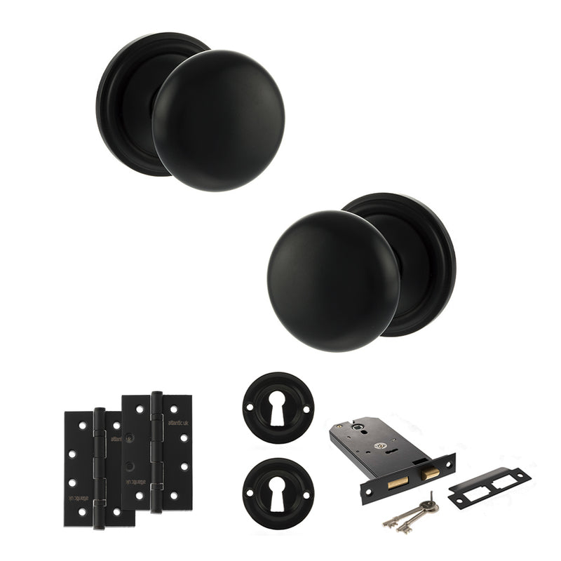 Old English Harrogate Door Knob Pack (Lock Set - Horizontal Sashlock, 4" Slim Knuckle Hinges x2) - Matt Black
