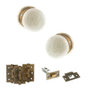 Old English Skipton Door Knob Pack (Latch Set - 4" HD Latch, 3" Fire Rated Hinges x3) - Antique Brass