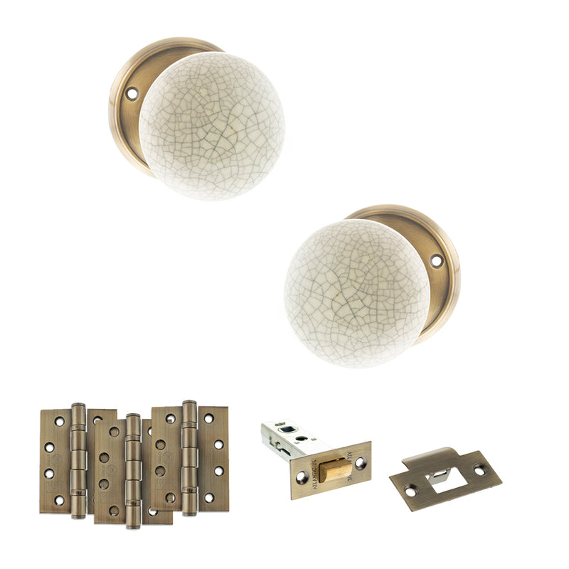 Old English Skipton Door Knob Pack (Latch Set - 4" HD Latch, 4" Fire Rated Hinges x3) - Antique Brass