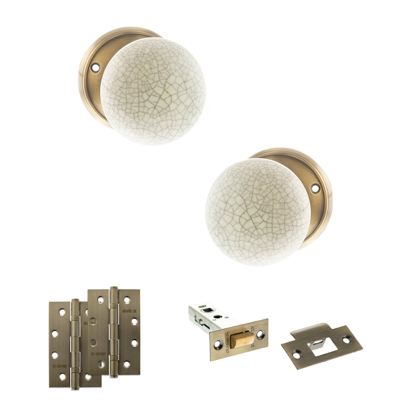 Old English Skipton Door Knob Pack (Latch Set - 3" HD Latch, 4" Slim Knuckle Hinges x2) - Antique Brass