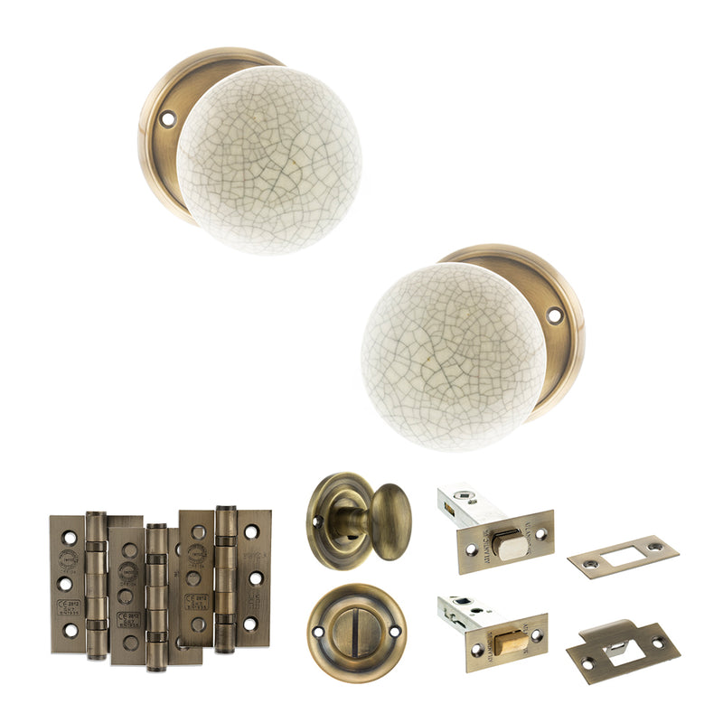 Old English Skipton Door Knob Pack (Bathroom Set - 3" Deadbolt, 3" Fire Rated Hinges x3) - Antique Brass