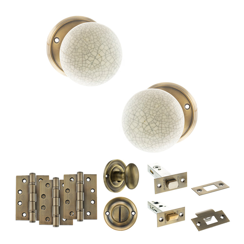 Old English Skipton Door Knob Pack (Bathroom Set - 4" Deadbolt, 4" Fire Rated Hinges x3) - Antique Brass