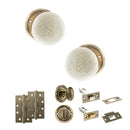 Old English Skipton Door Knob Pack (Bathroom Set - 3" Deadbolt, 4" Slim Knuckle Hinges x2) - Antique Brass