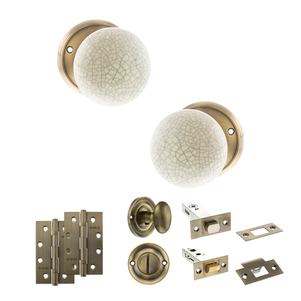 Old English Skipton Door Knob Pack (Bathroom Set - 4" Deadbolt, 4" Slim Knuckle Hinges x2) - Antique Brass