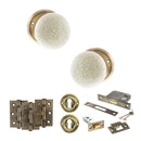 Old English Skipton Door Knob Pack (Lock Set - 3" Latch & Deadlock, 3" Fire Rated Hinges x3) - Antique Brass