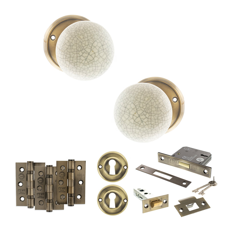 Old English Skipton Door Knob Pack (Lock Set - 3" Latch & Deadlock, 3" Fire Rated Hinges x3) - Antique Brass