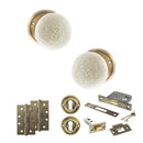 Old English Skipton Door Knob Pack (Lock Set - 3" Latch & Deadlock, 4" Slim Knuckle Hinges x2) - Antique Brass