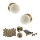 Old English Skipton Door Knob Pack (Lock Set - Horizontal Bathlock, 4" Fire Rated Hinges x3) - Antique Brass