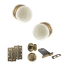Old English Skipton Door Knob Pack (Lock Set - Horizontal Bathlock, 4" Slim Knuckle Hinges x2) - Antique Brass
