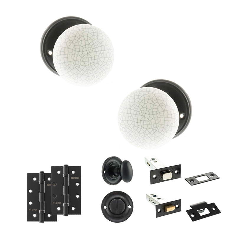 Old English Skipton Door Knob Pack (Bathroom Set - 4" Deadbolt, 4" Slim Knuckle Hinges x2) - Matt Black