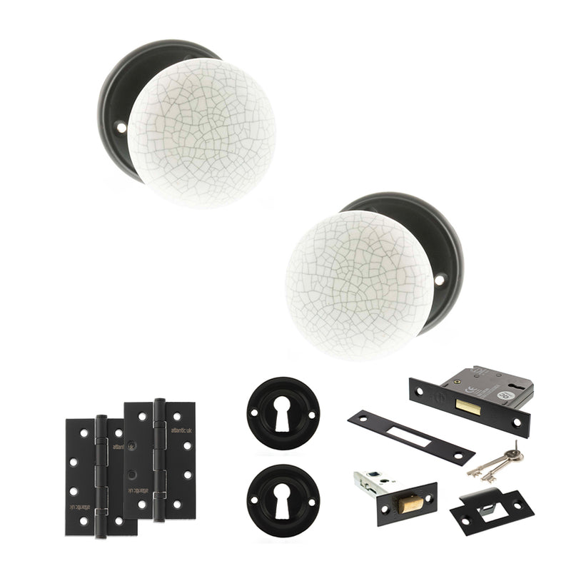 Old English Skipton Door Knob Pack (Lock Set - 3" Latch & Deadlock, 4" Slim Knuckle Hinges x2) - Matt Black