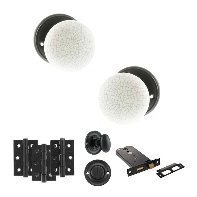 Old English Skipton Door Knob Pack (Lock Set - Horizontal Bathlock, 3" Fire Rated Hinges x3) - Matt Black