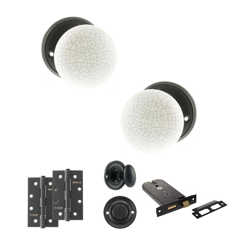 Old English Skipton Door Knob Pack (Lock Set - Horizontal Bathlock, 4" Slim Knuckle Hinges x2) - Matt Black