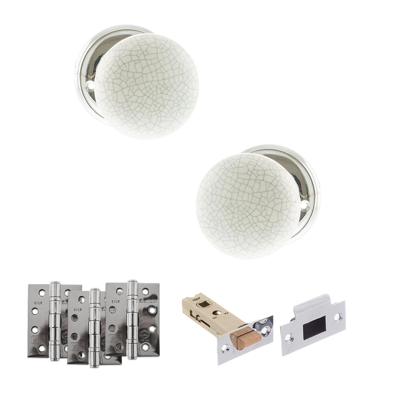 Old English Skipton Door Knob Pack (Latch Set - 4" HD Latch, 4" Fire Rated Hinges x3) - Polished Chrome