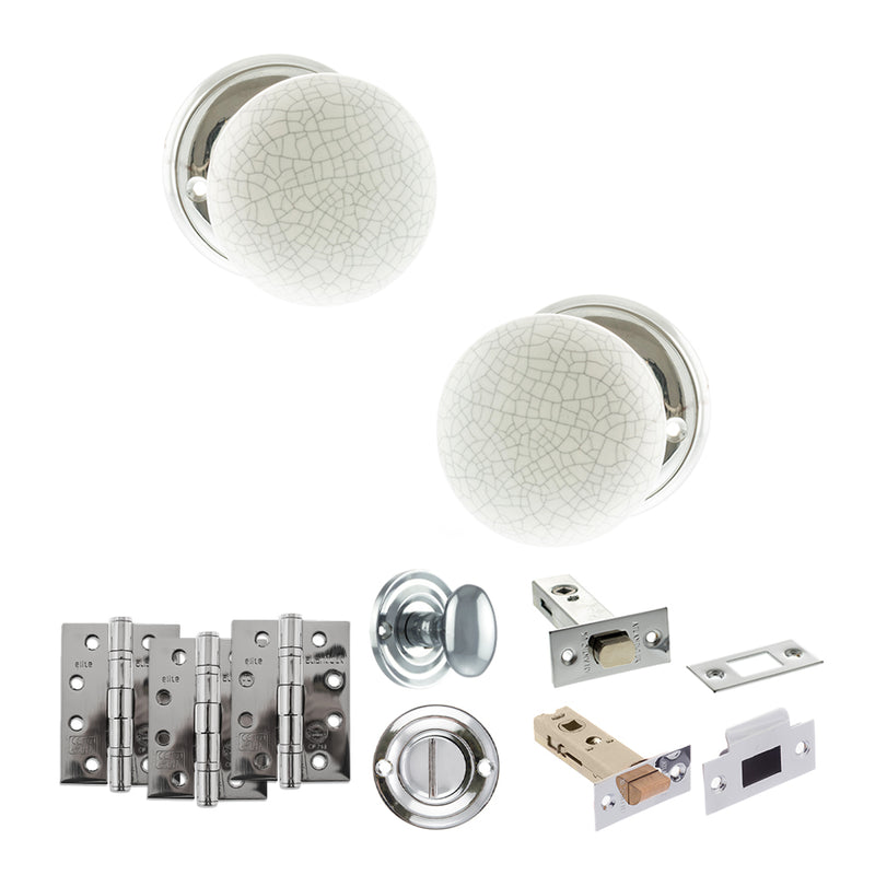 Old English Skipton Door Knob Pack (Bathroom Set - 4" Deadbolt, 4" Fire Rated Hinges x3) - Polished Chrome