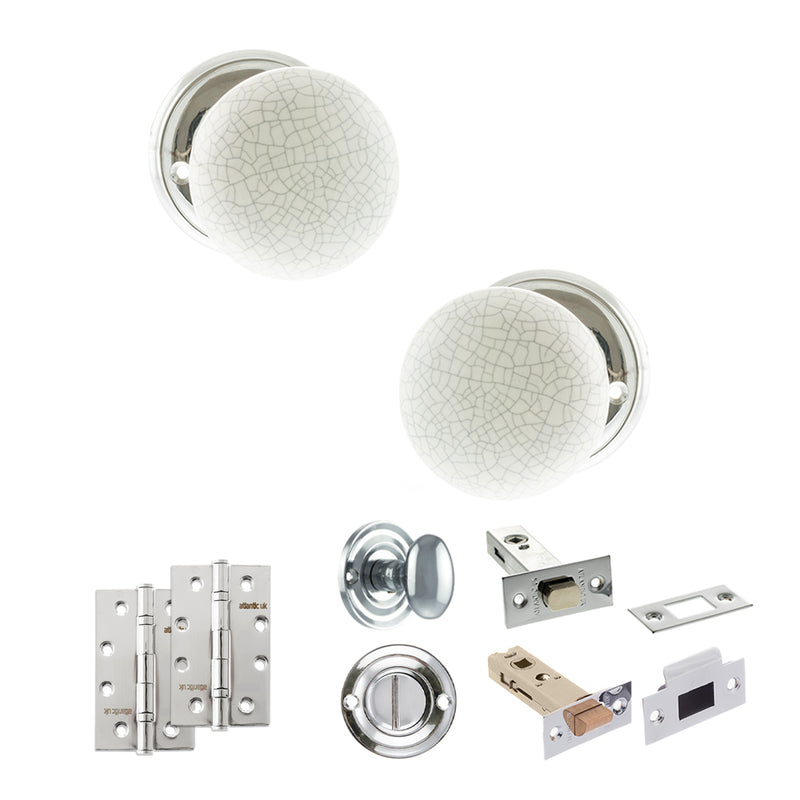 Old English Skipton Door Knob Pack (Bathroom Set - 4" Deadbolt, 4" Slim Knuckle Hinges x2) - Polished Chrome
