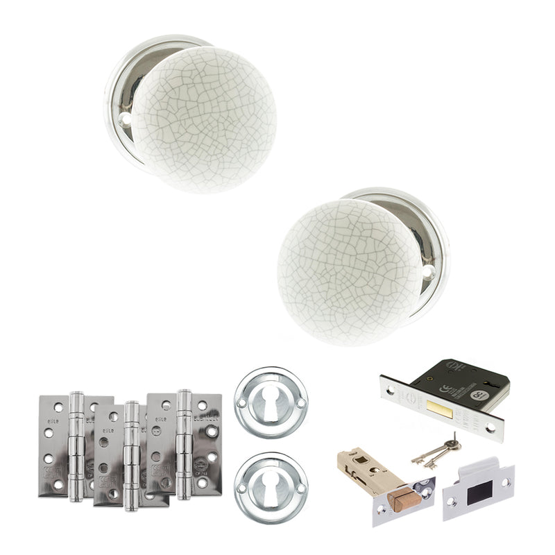 Old English Skipton Door Knob Pack (Lock Set - 3" Latch & Deadlock, 4" Fire Rated Hinges x3) - Polished Chrome