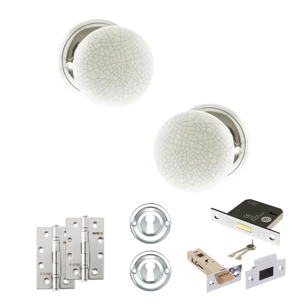 Old English Skipton Door Knob Pack (Lock Set - 3" Latch & Deadlock, 4" Slim Knuckle Hinges x2) - Polished Chrome