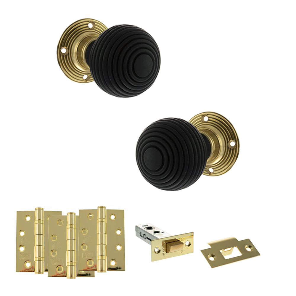 Old English Whitby Door Knob Pack (Latch Set - 4" HD Latch, 4" Fire Rated Hinges x3) - Polished Brass