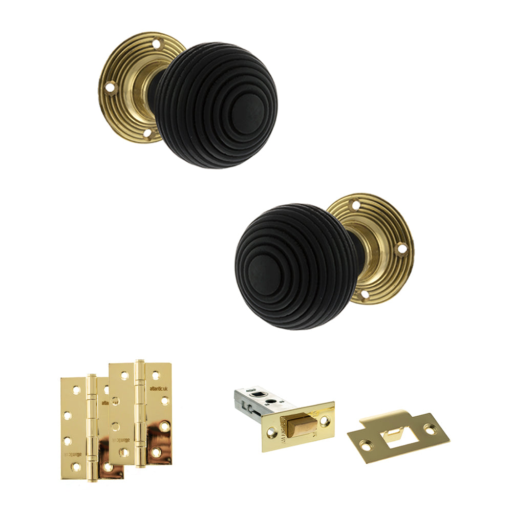 Old English Whitby Door Knob Pack (Latch Set - 4" HD Latch, 4" Slim Knuckle Hinges x2) - Polished Brass