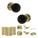 Old English Whitby Door Knob Pack (Bathroom Set - 3" Deadbolt, 4" Fire Rated Hinges x3) - Polished Brass