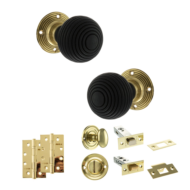 Old English Whitby Door Knob Pack (Bathroom Set - 3" Deadbolt, 4" Slim Knuckle Hinges x2) - Polished Brass