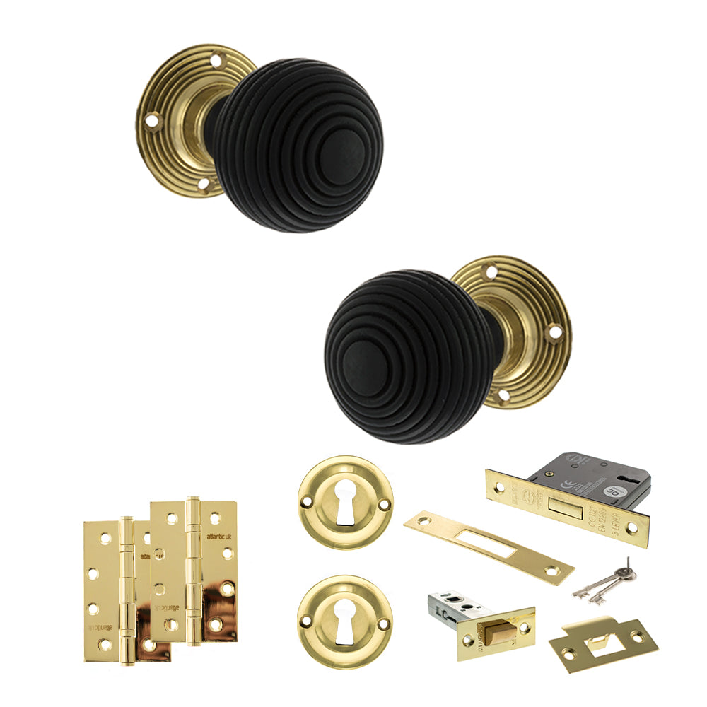 Old English Whitby Door Knob Pack (Lock Set - 3" Latch & Deadlock, 4" Slim Knuckle Hinges x2) - Polished Brass