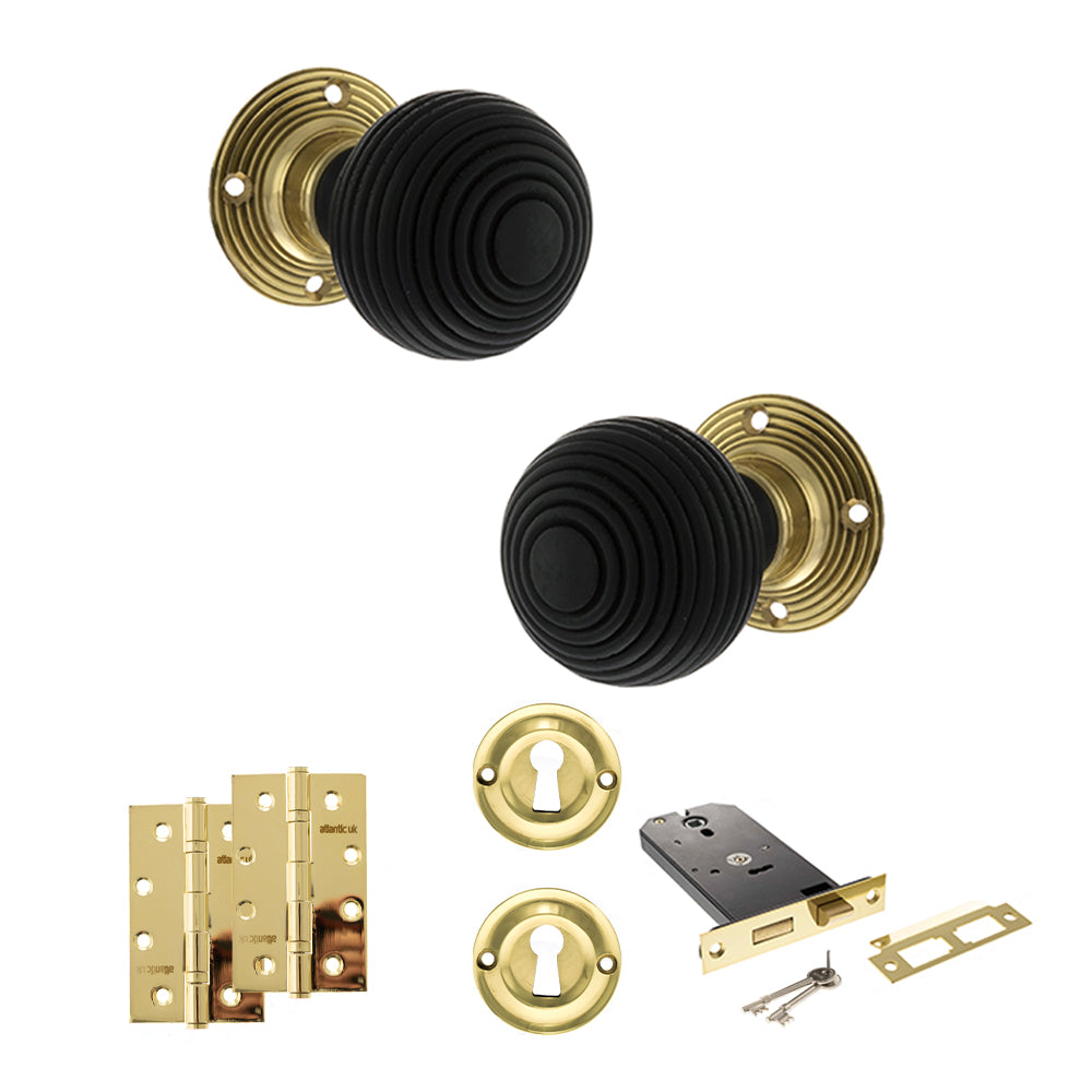 Old English Whitby Door Knob Pack (Lock Set - Horizontal Sashlock, 4" Slim Knuckle Hinges x2) - Polished Brass