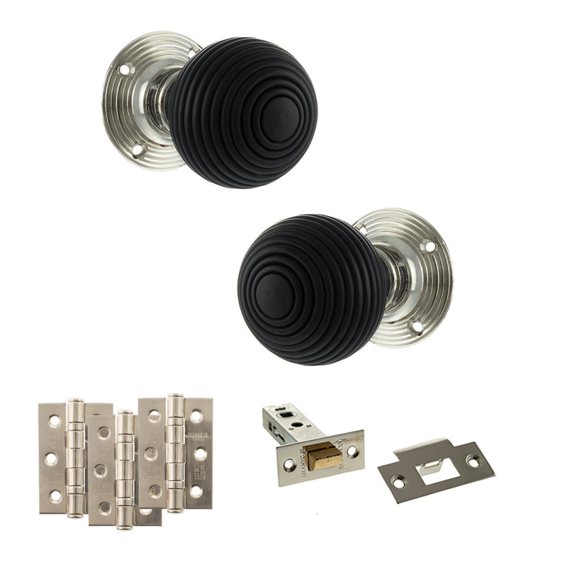 Old English Whitby Door Knob Pack (Latch Set - 4" HD Latch, 3" Fire Rated Hinges x3) - Polished Nickel