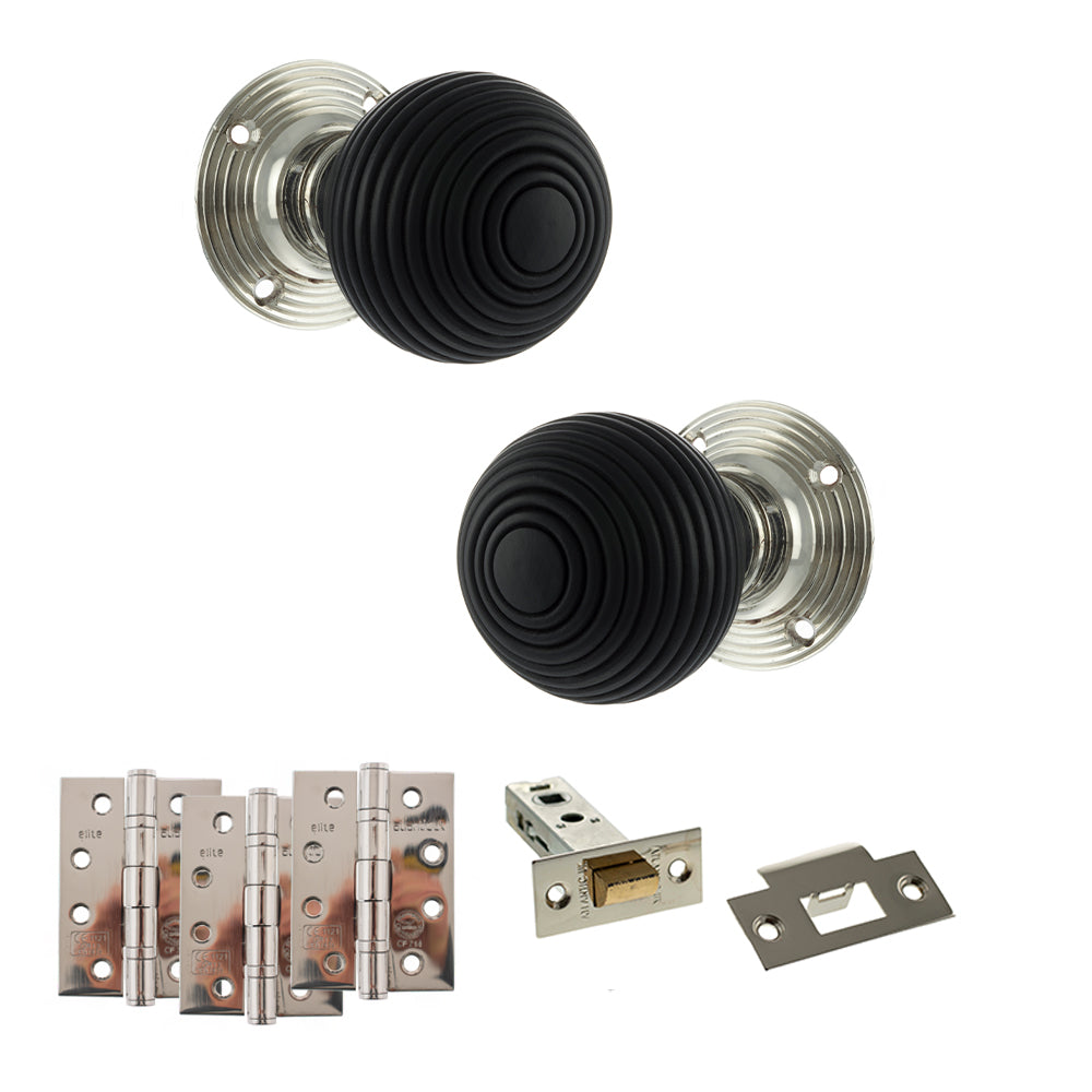 Old English Whitby Door Knob Pack (Latch Set - 4" HD Latch, 4" Fire Rated Hinges x3) - Polished Nickel