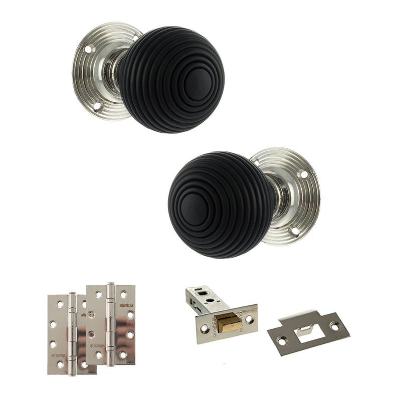 Old English Whitby Door Knob Pack (Latch Set - 3" HD Latch, 4" Slim Knuckle Hinges x2) - Polished Nickel