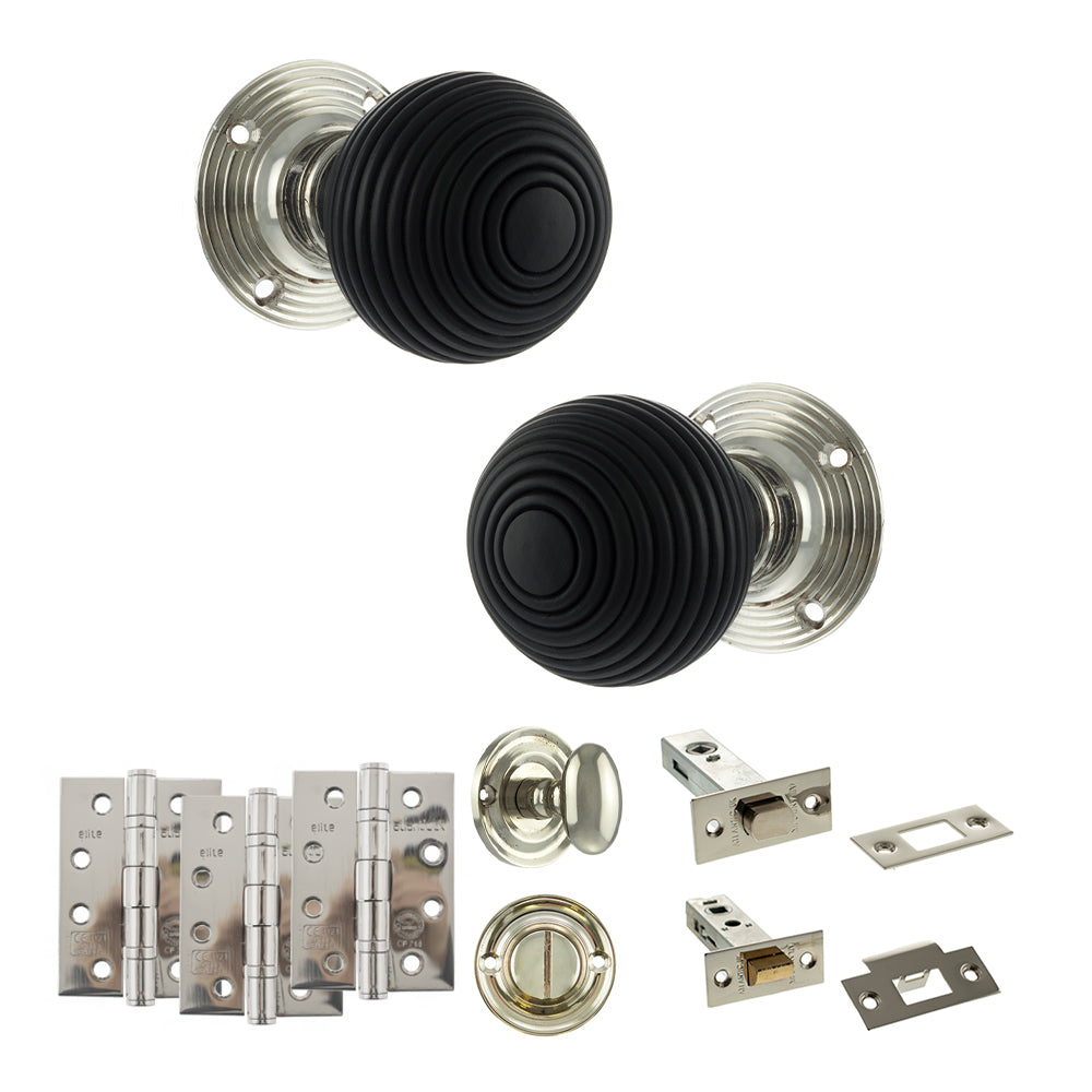 Old English Whitby Door Knob Pack (Bathroom Set - 4" Deadbolt, 4" Fire Rated Hinges x3) - Polished Nickel