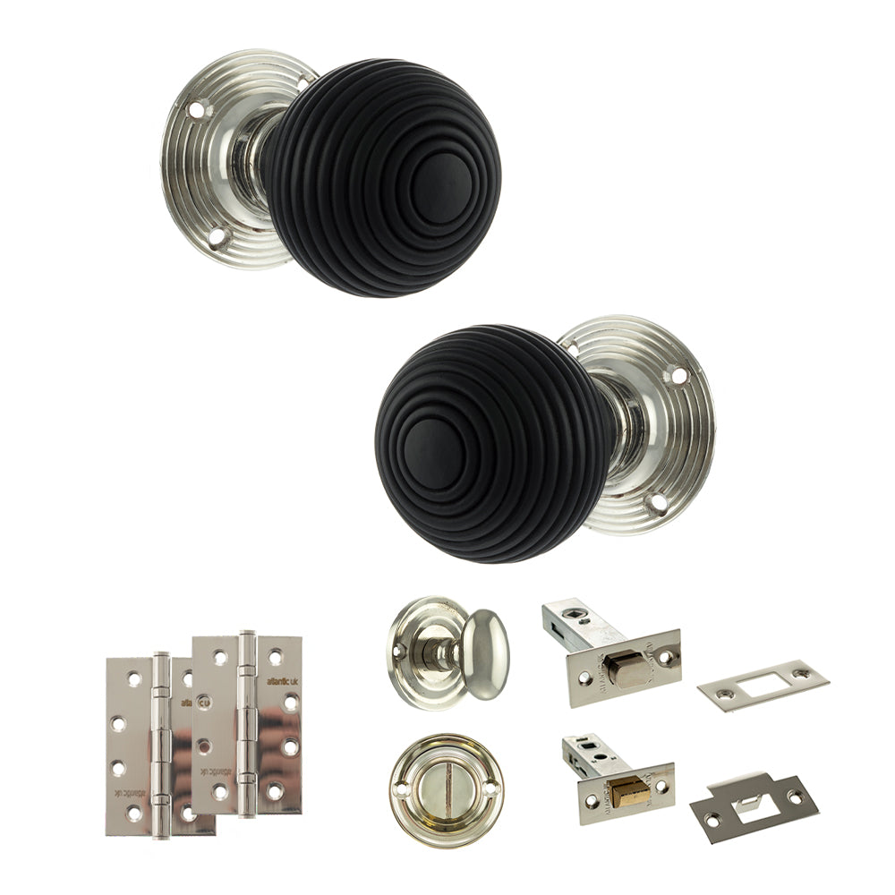 Old English Whitby Door Knob Pack (Bathroom Set - 4" Deadbolt, 4" Slim Knuckle Hinges x2) - Polished Nickel