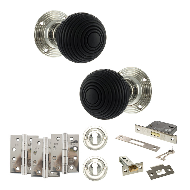 Old English Whitby Door Knob Pack (Lock Set - 3" Latch & Deadlock, 4" Fire Rated Hinges x3) - Polished Nickel