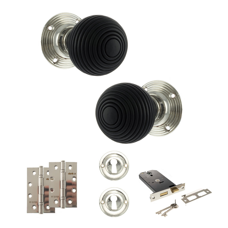 Old English Whitby Door Knob Pack (Lock Set - Horizontal Sashlock, 4" Slim Knuckle Hinges x2) - Polished Nickel