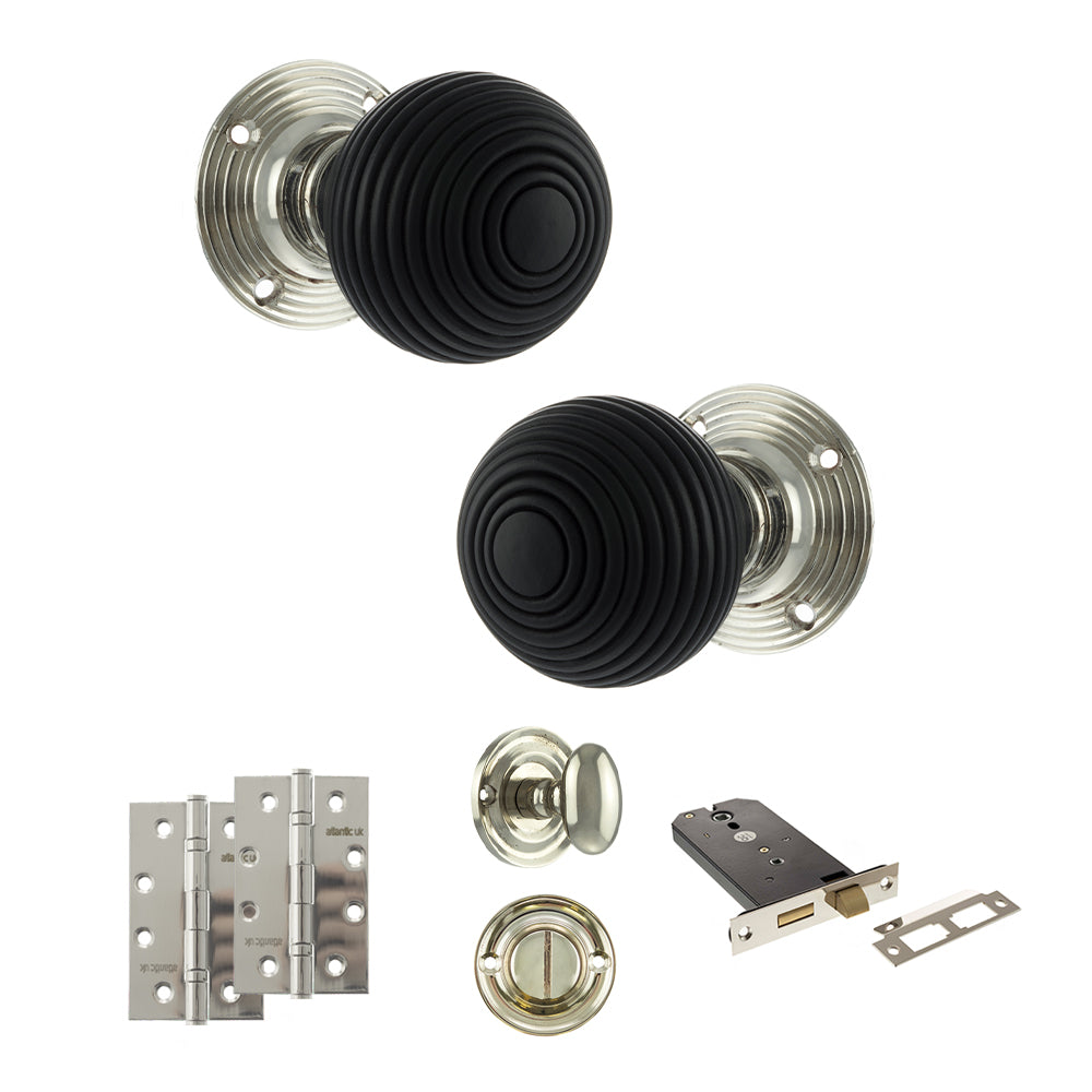 Old English Whitby Door Knob Pack (Lock Set - Horizontal Bathlock, 4" Slim Knuckle Hinges x2) - Polished Nickel