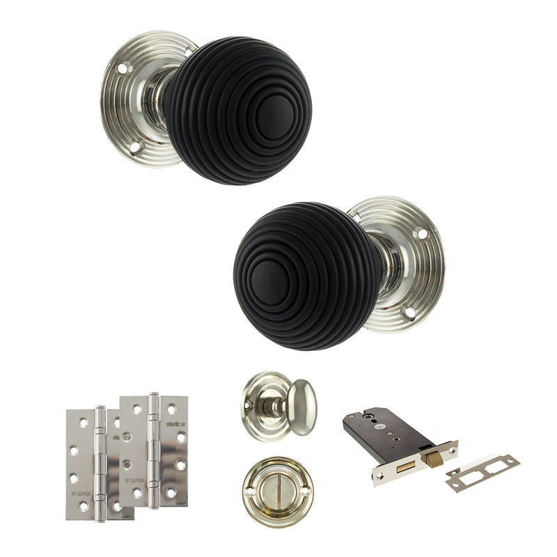 Old English Whitby Door Knob Pack (Lock Set - Horizontal Bathlock, 4" Slim Knuckle Hinges x2) - Polished Nickel