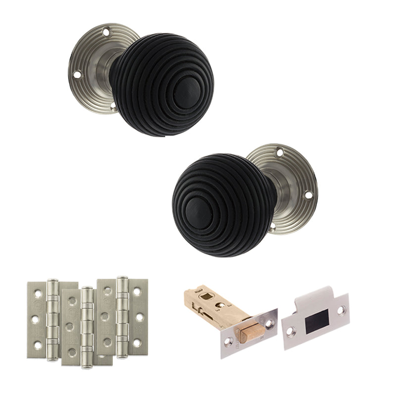 Old English Whitby Door Knob Pack (Latch Set - 3" HD Latch, 3" Fire Rated Hinges x3) - Satin Nickel