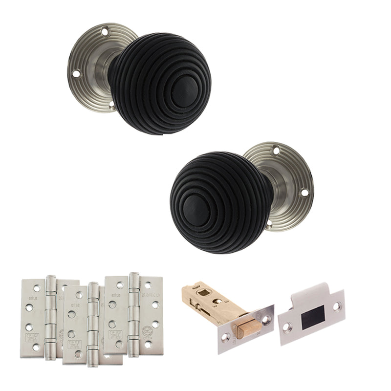 Old English Whitby Door Knob Pack (Latch Set - 4" HD Latch, 4" Fire Rated Hinges x3) - Satin Nickel