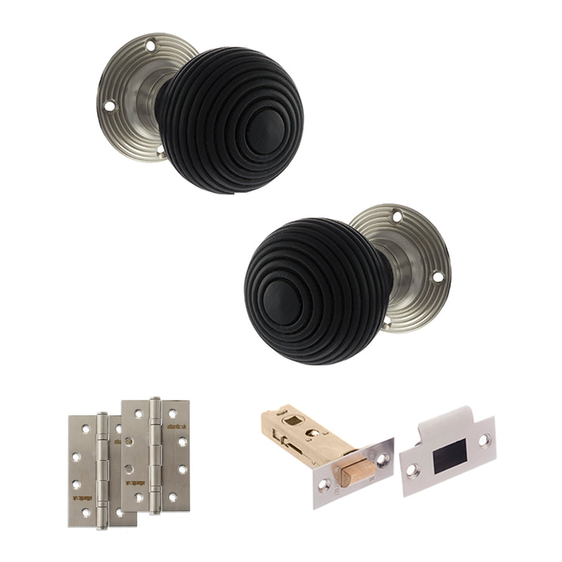 Old English Whitby Door Knob Pack (Latch Set - 3" HD Latch, 4" Slim Knuckle Hinges x2) - Satin Nickel
