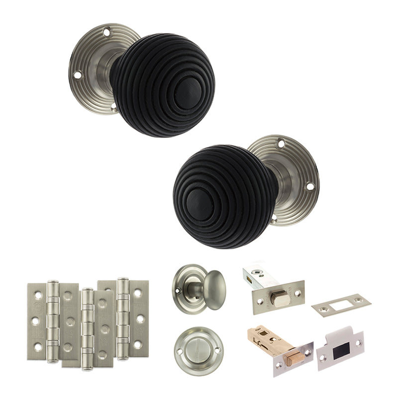 Old English Whitby Door Knob Pack (Bathroom Set - 3" Deadbolt, 3" Fire Rated Hinges x3) - Satin Nickel