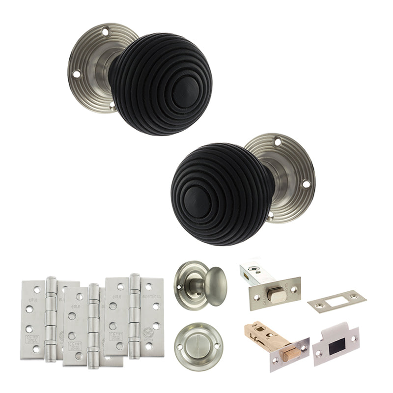 Old English Whitby Door Knob Pack (Bathroom Set - 4" Deadbolt, 4" Fire Rated Hinges x3) - Satin Nickel